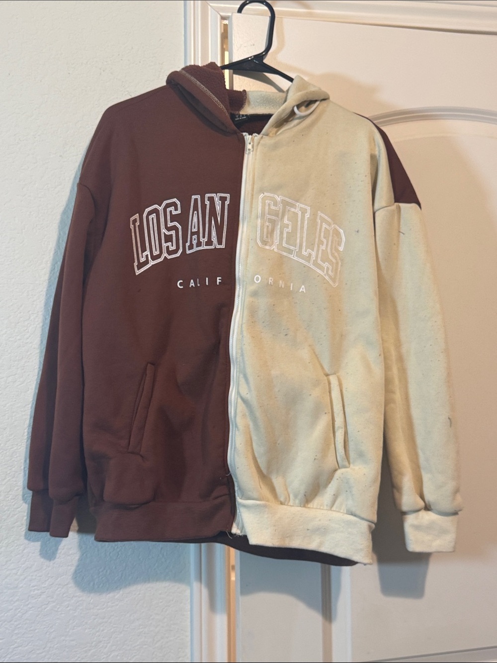 SHEIN Two-Tone 'Los Angeles' Zip Hoodie - Brown & Cream